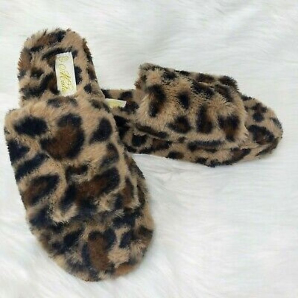 Mata Leopard Pattern Soft Faux Fur Slip On Open Toe Slide Slipper Shoes